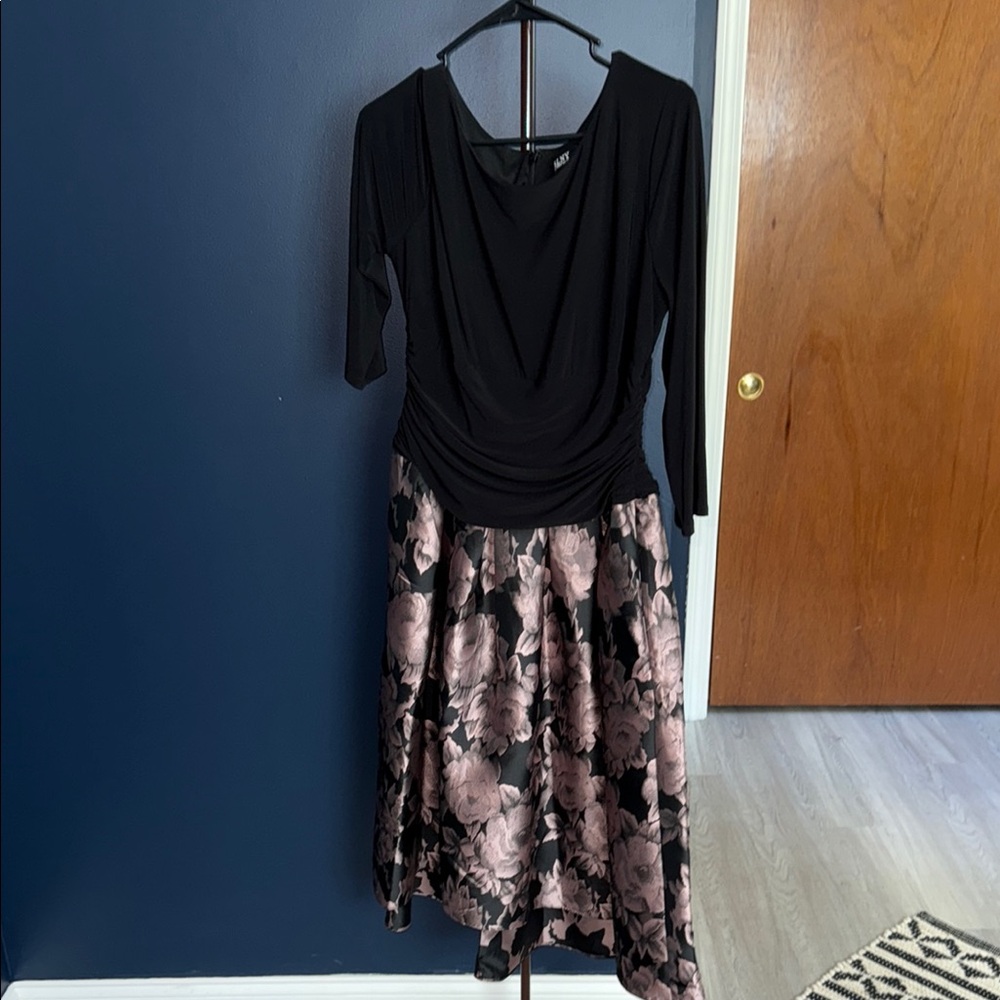 SLNY Black Dress with Pink Floral Accents